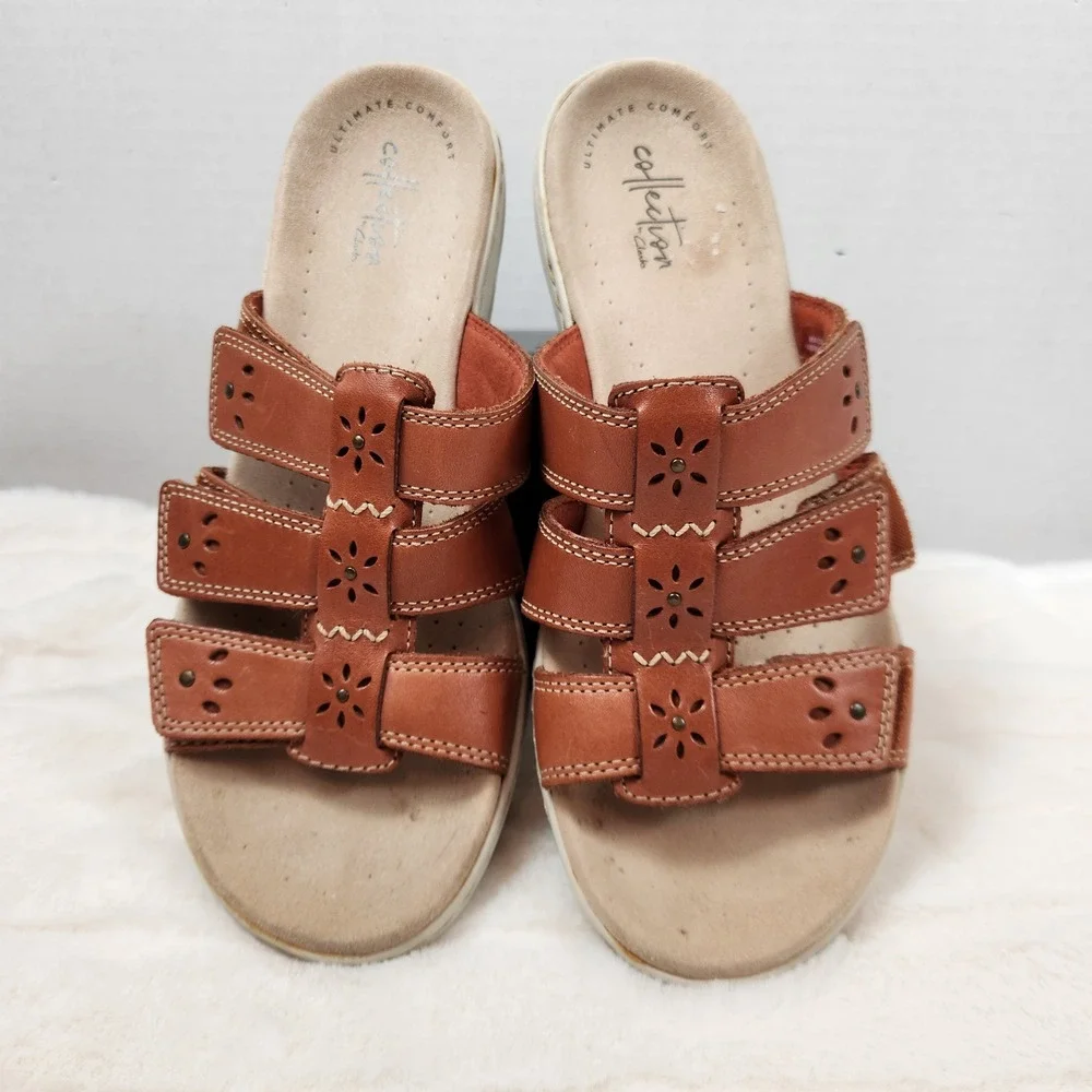 Clarks Collection Leisa Janna Tan Leather Slide Sandals Womens Sz 8 M Adjustable